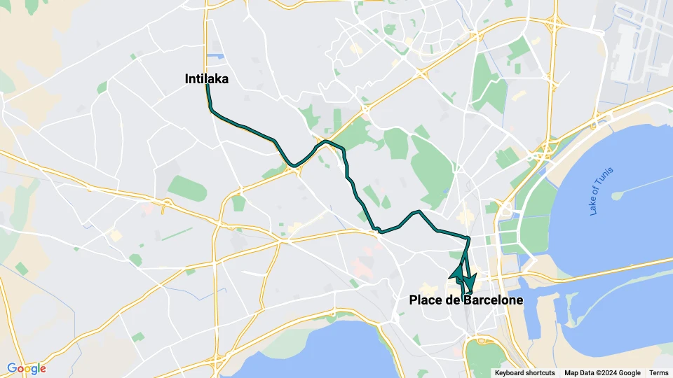 Tunis light rail line 5: Place de Barcelone - Intilaka route map
