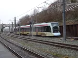 Aarhus light rail line L1 with low-floor articulated tram 2108-2208 on the side track at Aarhus H (2024)