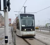 Aarhus light rail line L1 with low-floor articulated tram 2109-2209 near Østbanetorvet (2020)