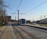 Aarhus light rail line L1 with low-floor articulated tram 2110-2210 at Østbanetorvet (2021)