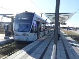 Aarhus light rail line L2 with low-floor articulated tram 1104-1204 in front of Universitetshospitalet (2022)