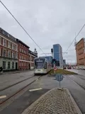 Aarhus light rail line L2 with low-floor articulated tram 1106-1206 in the intersection Nørreport/Mejlgade (2023)