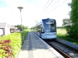 Aarhus light rail line L2 with low-floor articulated tram 1107-1207 at Rude Havvej  front view (2021)