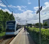 Aarhus light rail line L2 with low-floor articulated tram 2108-2208 at Rude Havvej (2021)