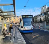 Amsterdam tram line 1 with low-floor articulated tram 2027 at Leidseplein (2020)