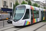 Angers tram line A with low-floor articulated tram 1011 on Boulevard du Maréchal Foch, front view (2016)