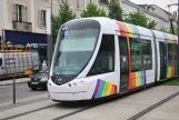 Angers tram line A with low-floor articulated tram 1011, the front Boulevard du Maréchal Foch (2016)