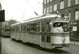 Archive photo: Copenhagen tram line 5 with articulated tram 801 outside Nørrebro Remise (1960)