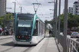 Barcelona tram line T1 with low-floor articulated tram 21 at Maria Cristina (2012)