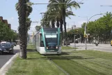 Barcelona tram line T1 with low-floor articulated tram 21 on Maria Cristina Avinguda Diagonal (2012)