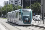 Barcelona tram line T2 with low-floor articulated tram 13 at Maria Cristina (2012)