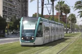 Barcelona tram line T2 with low-floor articulated tram 13 on Maria Cristina Avinguda Diagonal (2012)