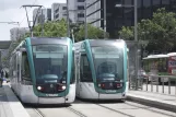 Barcelona tram line T2 with low-floor articulated tram 23 at Maria Cristina (2012)