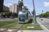 Barcelona tram line T2 with low-floor articulated tram 23 on Maria Cristina Avinguda Diagonal (2012)