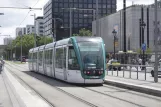 Barcelona tram line T3 with low-floor articulated tram 22 at Maria Cristina (2012)