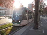 Barcelona tram line T4 with low-floor articulated tram 03 at El Maresme (2015)