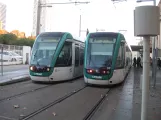 Barcelona tram line T4 with low-floor articulated tram 05 at Ca l'Aranyó (2015)