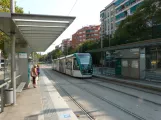 Barcelona tram line T4 with low-floor articulated tram 16 at Marina (2014)