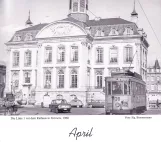 Calendar: Verviers tram line 1 with railcar 38 in front of Rathaus (1968)
