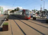 Casablanca tram line T1 at Place Mohamed V seen from behind (2018)