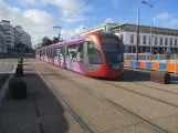 Casablanca tram line T1 with low-floor articulated tram 017 on Boulevard Hassan II (2018)