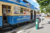 Christchurch Tramway line with railcar 1888 in front of Christchurch Cathedral (2023)