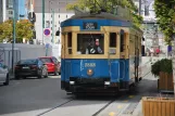 Christchurch Tramway line with railcar 1888 on Cathedral Square (2023)