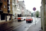 Cottbus tram line 2 with articulated tram 55 on Altmarkt (1993)