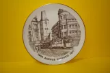 Decorative plate: Aarhus tram line 1 with railcar 24 on Sankt Clemens Bro (1974)