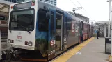 Denver tram line E with articulated tram 257 at Union Station (2020)