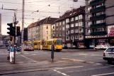 Dortmund tram line 406 with articulated tram 135 in the intersection Brüderweg/Schwanenwall (1988)