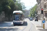 Geneva tram line 17 with low-floor articulated tram 875 on Terrasiere (2010)