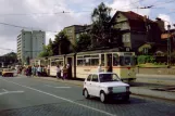 Gotha regional line 4 Thüringerwaldbahn with articulated tram 211 at Huttenstraße (1990)