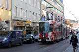 Graz tram line 1 with articulated tram 607 on Gleisdorfergasse (2008)