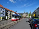 Halberstadt tram line 2 with low-floor articulated tram 4 at Hoher Weg (2017)