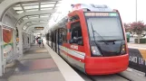 Houston tram line Green with low-floor articulated tram 329 at EaDo/Stadium (2018)