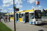 Jena tram line 1 with low-floor articulated tram 611 at Burgaupark (2014)