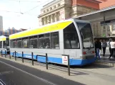 Leipzig tram line 1 with low-floor sidecar 923 at Hauptbahnhof (2019)