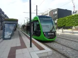Lund tram line 1 with low-floor articulated tram 02 (Åsa-Hanna) at Solbjer (2022)