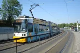 Mainz tram line 50 with low-floor articulated tram 213 at Zwerchallee/Phönix-Halle (2010)