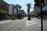 Messina tram line 28 with low-floor articulated tram 05T on Cairoli (2009)