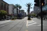 Messina tram line 28 with low-floor articulated tram 05T on Piazza Cairoli (2009)
