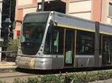 Messina tram line 28 with low-floor articulated tram 10T on Via Uberto Bonino (2017)