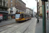 Milan tram line 27 with articulated tram 4939 on Via Orefici (2016)