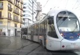 Naples tram line 1 with low-floor articulated tram 1103 in the intersection Via Nuava Marina/Via Amerigo Vespucci (2014)