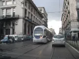 Naples tram line 1 with low-floor articulated tram 1106 on Corso Giuseppe Garibaldi (2014)