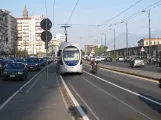 Naples tram line 4 with low-floor articulated tram 1105 on Via Amerigo Vecpucci (2014)