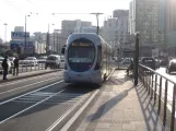 Naples tram line 4 with low-floor articulated tram 1105, the back Vespucci - Garibaldi (2014)