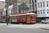 New Orleans line 47 Canal Streetcar with railcar 2021 near Canal / Baronne (2010)