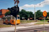 Norrköping tram line 2 with railcar 49 in the intersection E4 (Riksvägen) (1995)